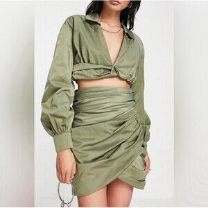 ASOS Sz 10 Asymmetrical Ruched Mini Skirt Green Side Button Detail Cotton Blend